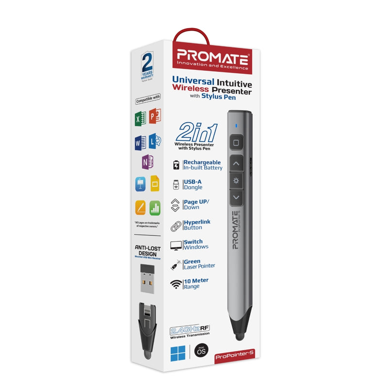ProPointer-S 2.4GHz Stylus and Wireless Presenter with Presentation controls and Laser Pointer, Rechargeable Battery