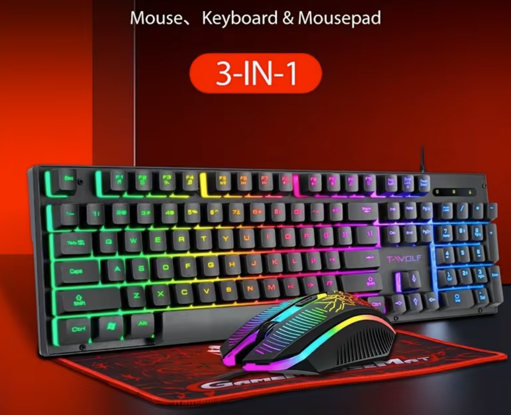 RGB Gaming Set - Wired 104-Key Keyboard, Seven-Color Gaming Mouse, Large Mouse Pad