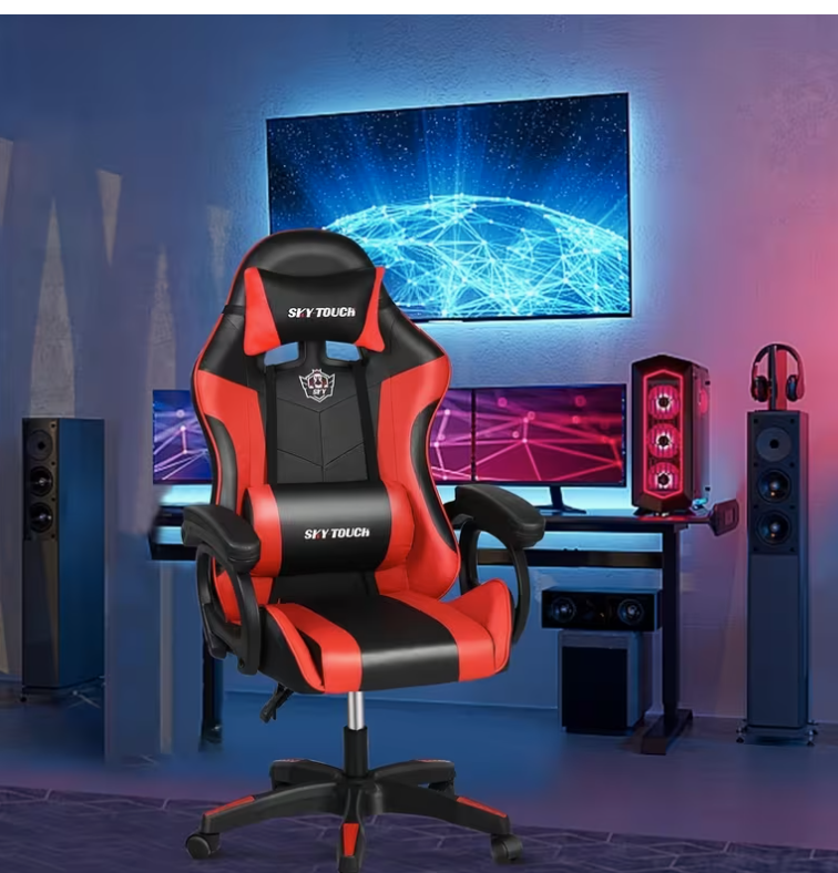 Ergonomic Designed Gaming Chair, Gaming Chair, Swivel, Recline and Height-adjustable, Pu Leather, Headrest Lumbar Support, Red