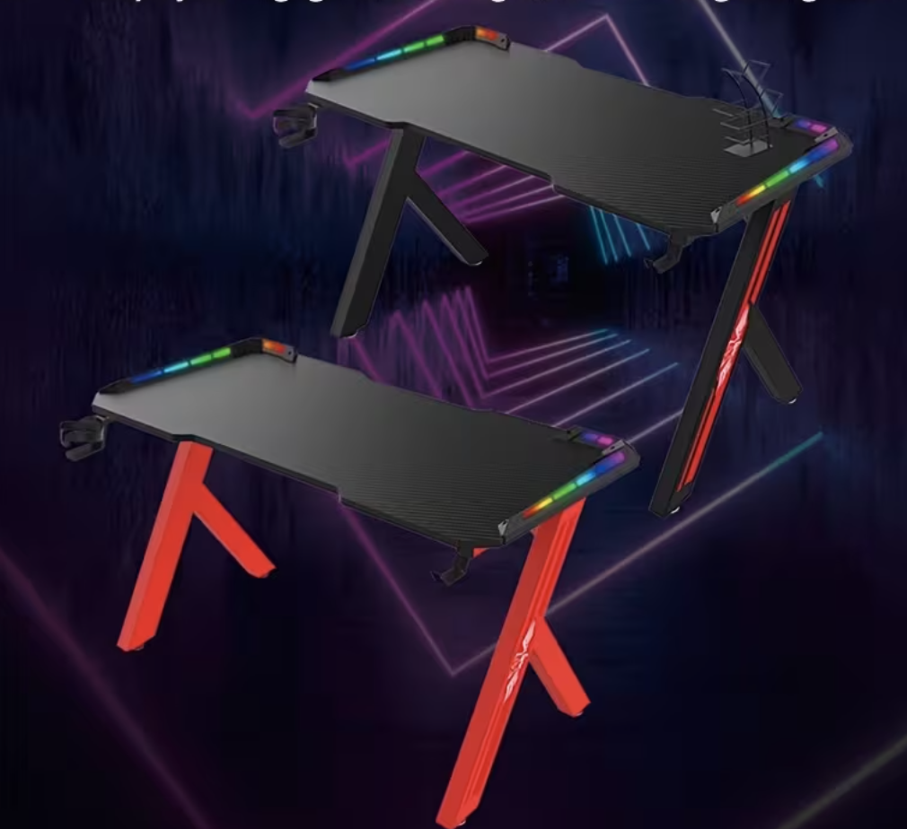 Gaming Desk with LED RGB Lights, Headphone Stand & Cup Holder - Black Nuyo Carbon Fiber & Metal Frame